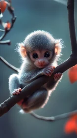 Juvenile monkey on tree branch in soft forest lighting.