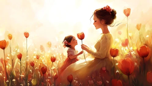 Sunlit tulip whispers drift between mother and daughter
