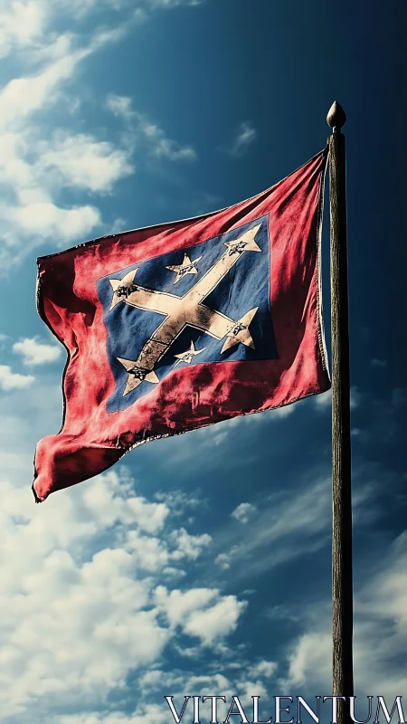 Weathered confederate-style battle flag on tall pole.