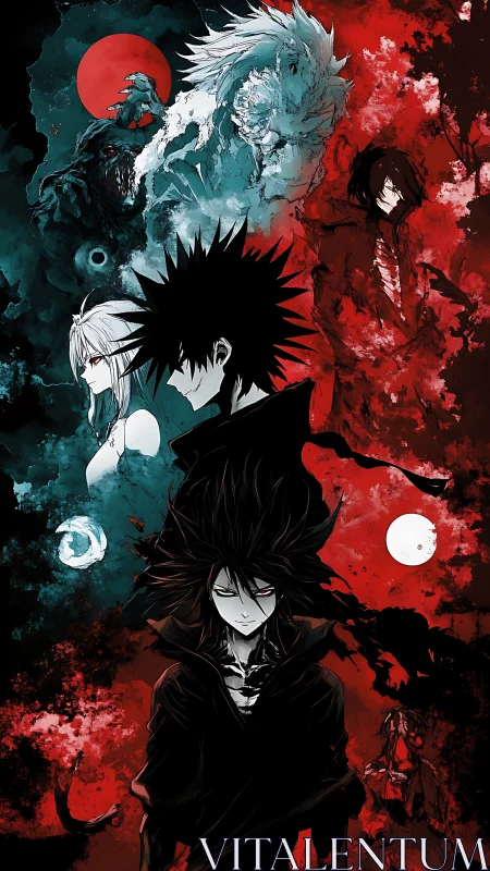 Dark anime warriors stand between crimson rage and teal chaos