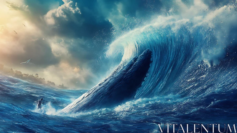 Massive whale breaches amid towering storm wave at sea.