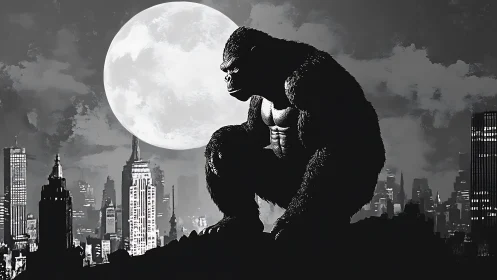 Giant gorilla silhouette over city skyline at full moon.