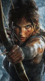 Battle-scarred archer in dynamic close-up under rainfall.