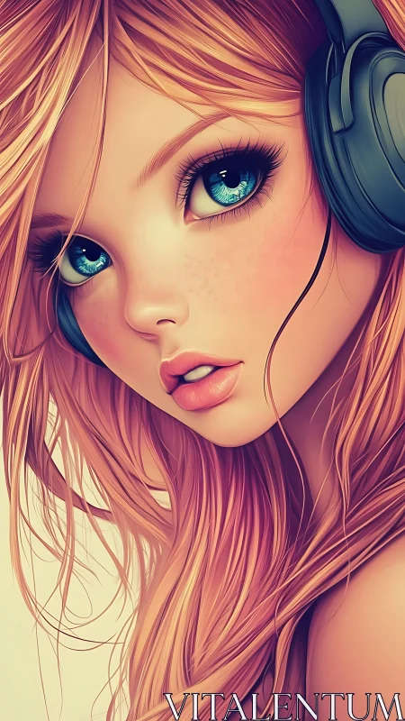 Close-up digital portrait of girl with headphones and teal eyes