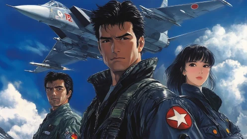 Jet fighter squadron trio under sweeping blue sky painting.