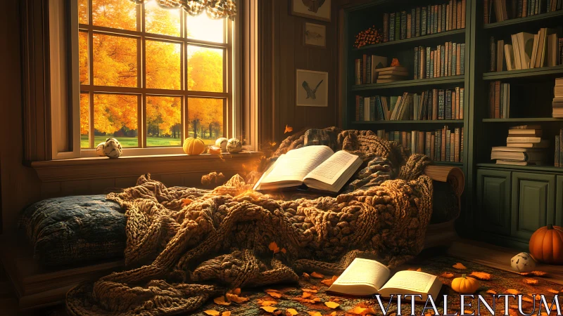 Cozy autumn reading nook with blankets, books, and pumpkins.