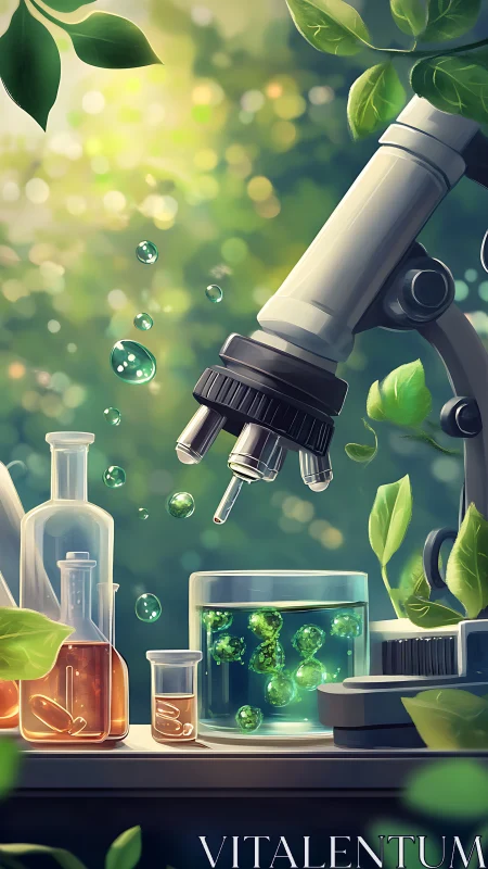 Microscope and glassware arranged for botanical lab study