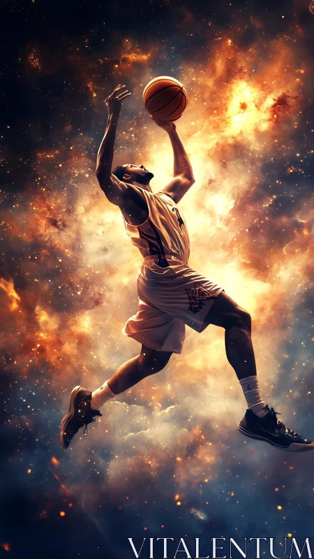 Basketball player levitates through cosmic nebula in dynamic jump shot