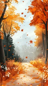Autumn Forest Path with Falling Maple Leaves and Morning Mist