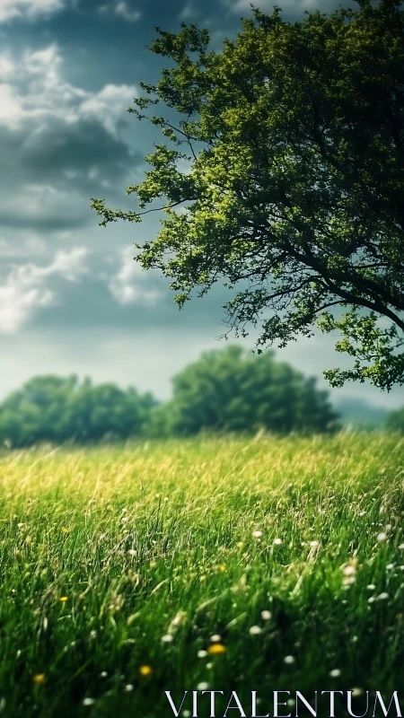 Tree on grassy meadow under cloudy daytime sky. Period.