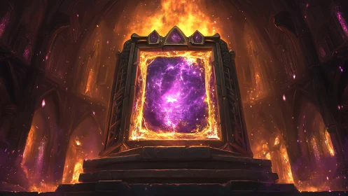Arcane portal monolith ignites within burning gothic hall.