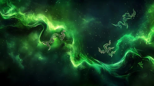 Electric green nebula swirls around stylized serpentine sigils