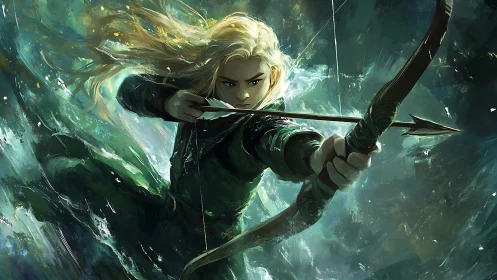 Kinetic elven archer in turbulent chromatic vortex field.