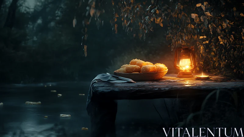 Nocturne still life on riverside table with lantern glow.