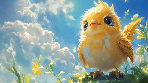 Adorable Yellow Chick in Lush Animated Spring Landscape.