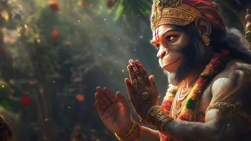 Hanuman-inspired divine monkey figure in forest prayer.