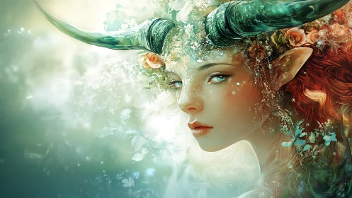 Forest horned nymph portrait in luminous floral aura.