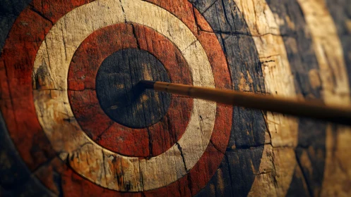 Archer’s arrow hitting bullseye on rustic wooden target board.