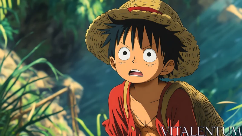 Straw hat boy stares wide-eyed in lush jungle light