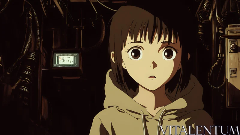 Curious girl in a dim tech-filled room, quietly taking it in.