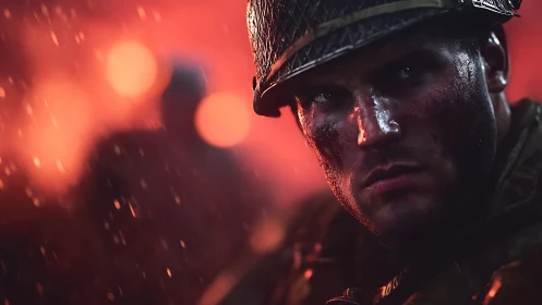 Cinematic wartime portrait in shallow-depth photorealism.