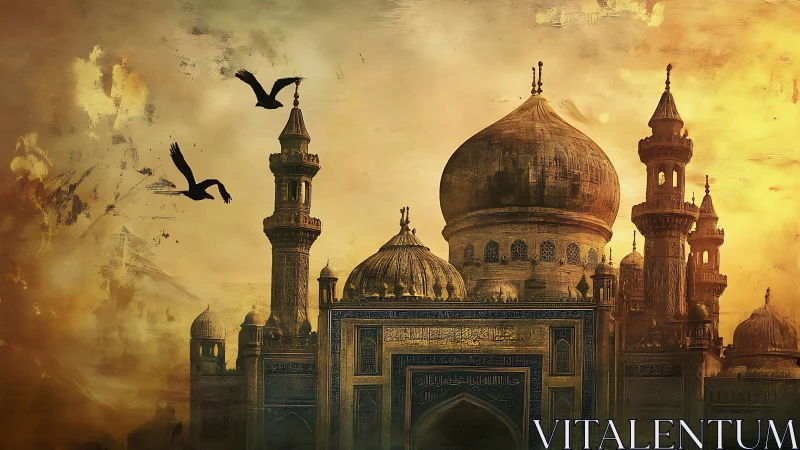 Gilded domes and soaring crows above a mystical citadel.
