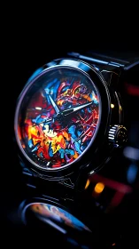 Kaleidoscopic watch face ignites time with neon graffiti storms