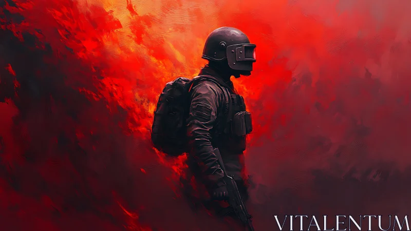 Armored soldier in red smoke with tactical gear profile.