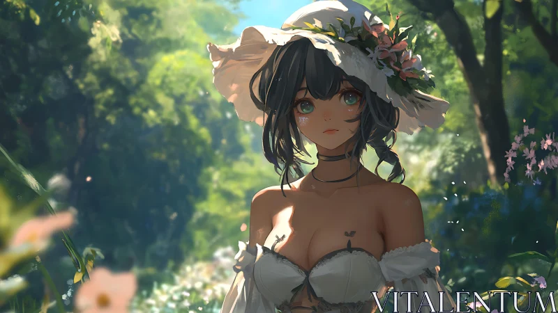 Sunlit anime girl in floral hat within verdant forest clearing.