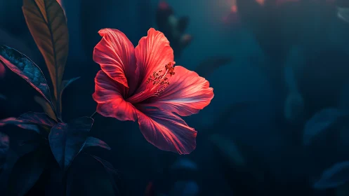 Red Hibiscus Bloom Against Deep Teal Nocturnal Backdrop. Dramatic Lighting Study.