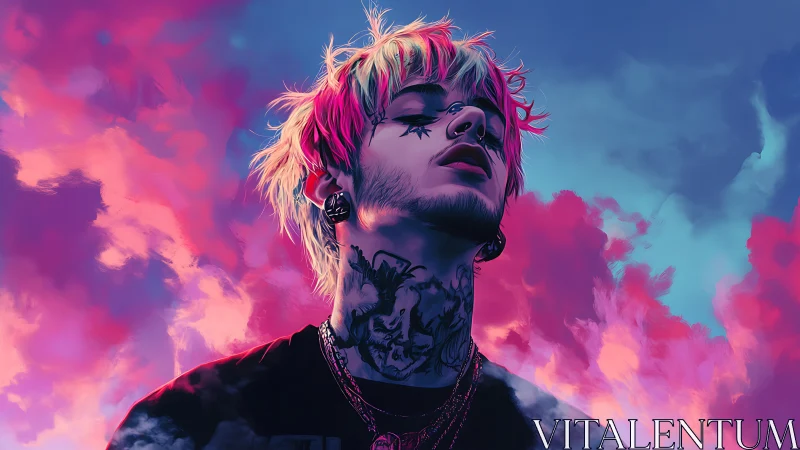 Tattooed youth rendered against vivid pink and blue clouds