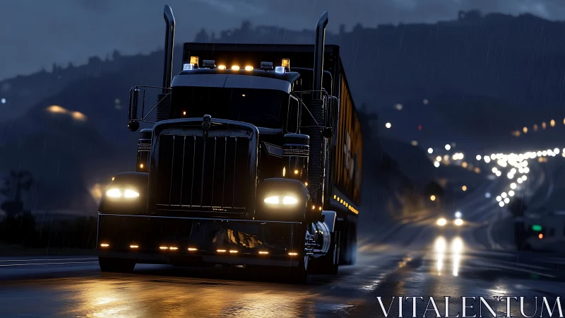 Nocturnal freight tractor in rain-soaked highway motion.