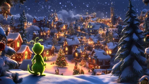 Snowy Christmas village vistas with lone green figure.