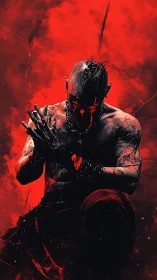 Kneeling warrior emerges from infernal red particulate haze