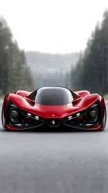 Ultra-low red hypercar rendered with symmetric frontal perspective