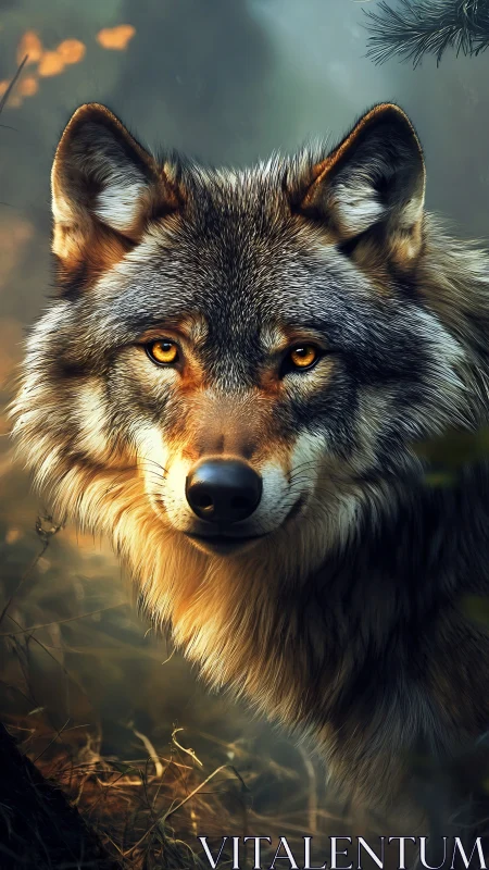 Golden-eyed wolf stands alert in soft forest backlight