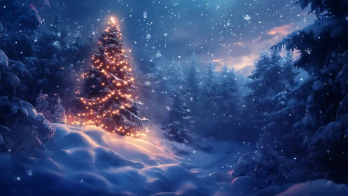 Glowing Christmas tree warms a tranquil snowy forest night