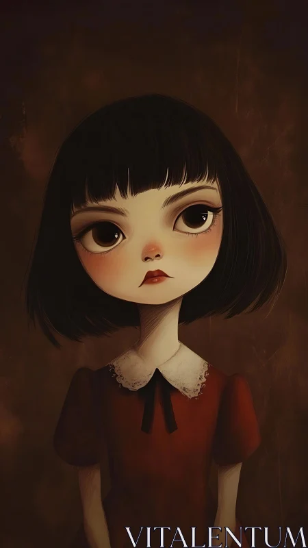 Melancholic doll-eyed girl stands in a warm shadowed glow