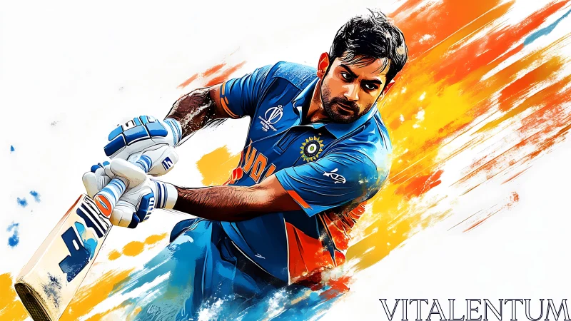 Digital illustration of cricket batter in blue kit poised.