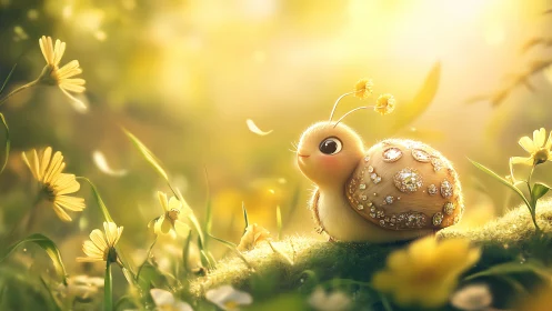 Digital painting of jeweled snail in luminous floral meadow.