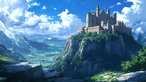 Fortified cliffside citadel dominating alpine valley panorama.