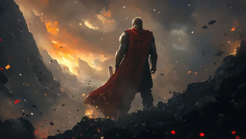 Lone caped warrior watching a burning sky after battle.