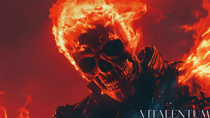 Flaming skeletal head with leather jacket in red scene.