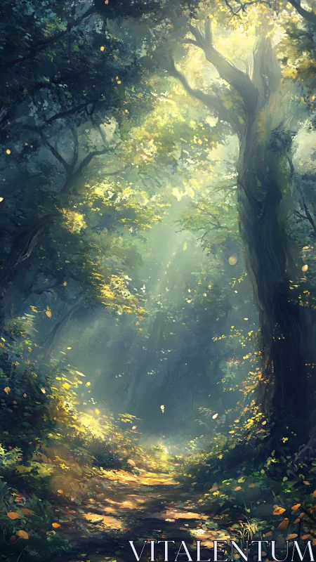 Enchanted Forest Path. Golden Sunlight Through Ancient Trees.
