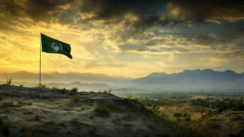 Green flag over sunrise valley and distant mountain range.