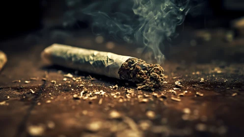 Partially smoked hand-rolled joint on wooden surface.