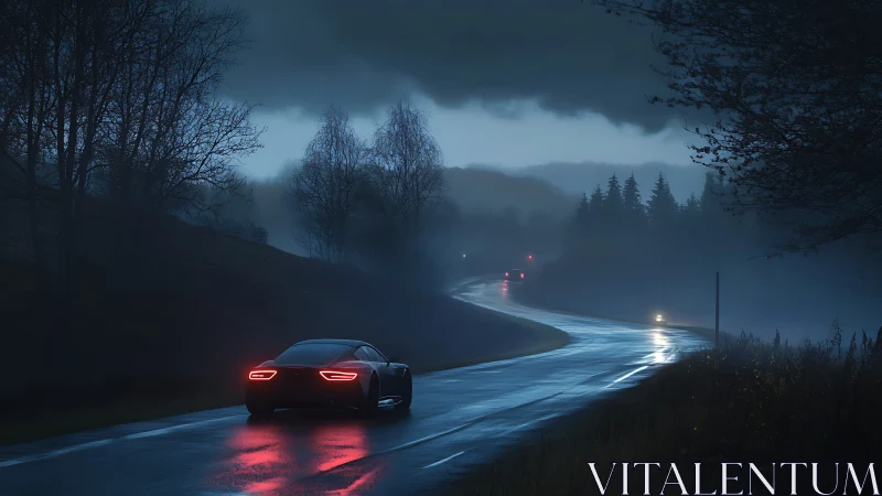 Midnight rain drive along a quiet winding forest road.