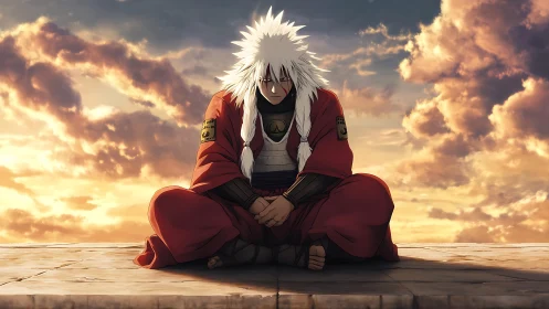 White‑haired anime warrior sits cross‑legged at sunset