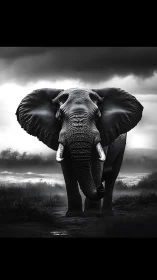 Monochrome elephant portrait under dramatic storm clouds