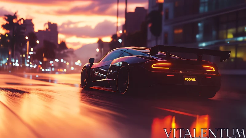 Sports car travels on wet city street at sunset